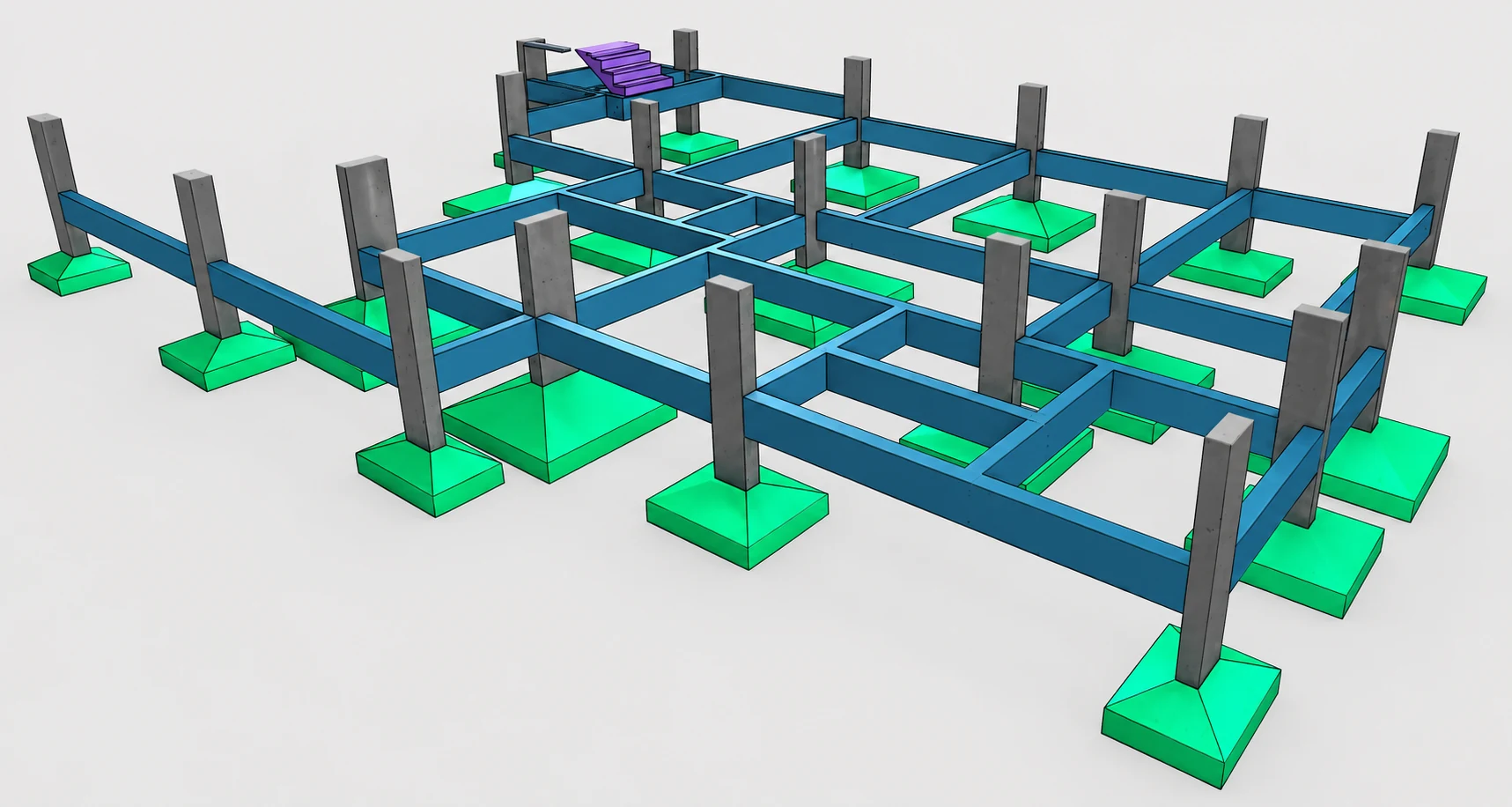Locação da fundação em 3D — sapatas, vigas baldrame e pilares modelados em BIM pela GS Engenharia