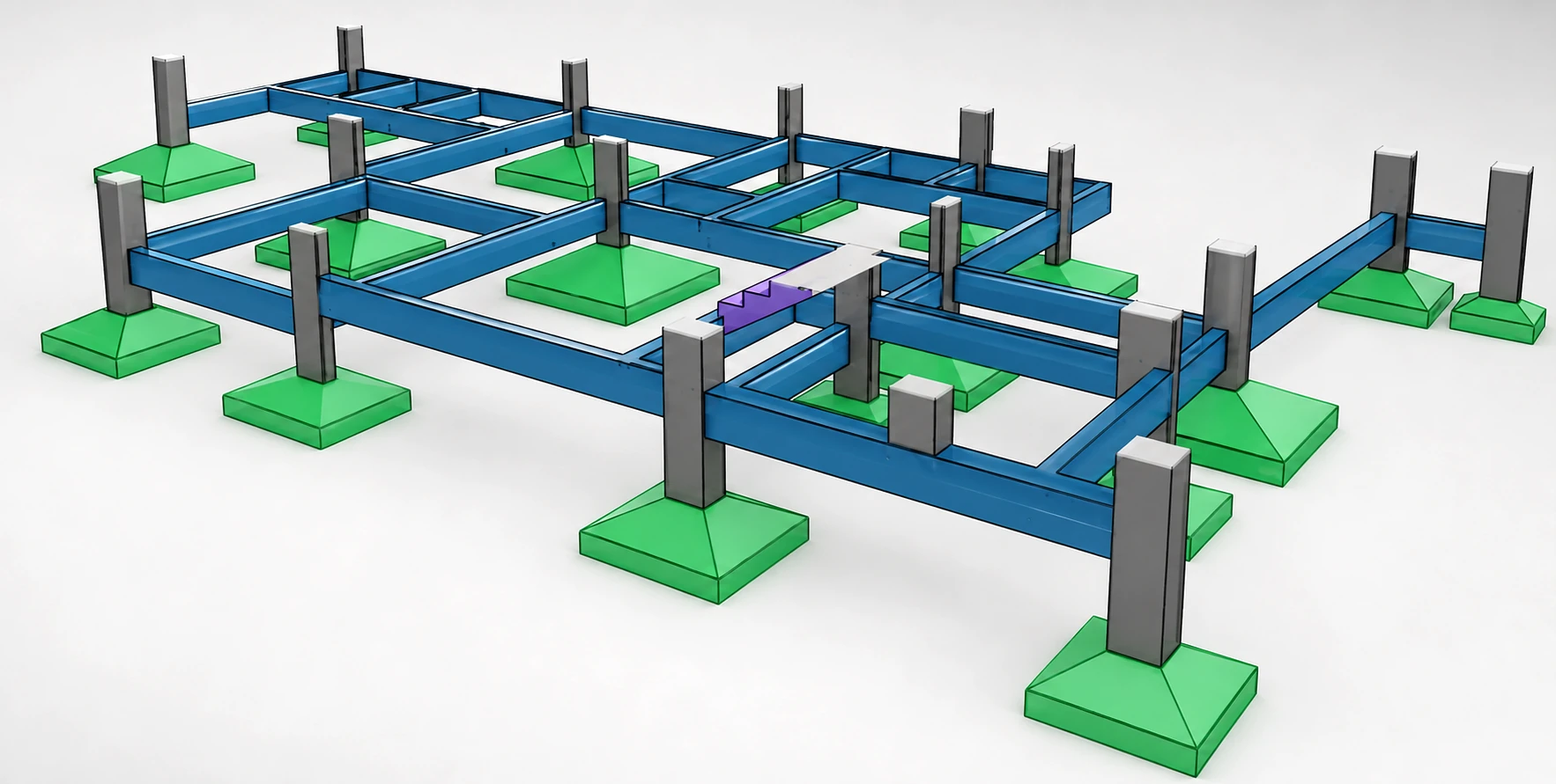 Locação da fundação em 3D — vista das sapatas e vigas baldrame modeladas em BIM pela GS Engenharia