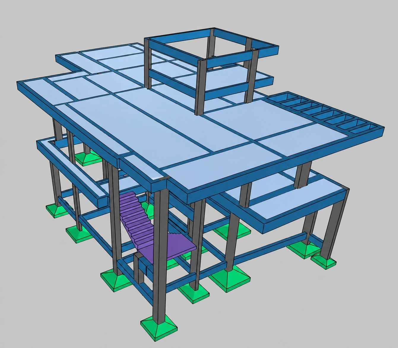 Modelo estrutural 3D em BIM — sobrado de alto padrão de 320 m² em Alphaville, Ceará, com fundações, pilares, vigas, lajes e escada