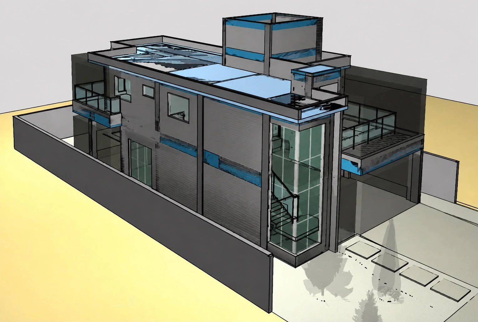 Render arquitetônico 3D de sobrado de alto padrão — compatibilização de estrutura e arquitetura em BIM pela GS Projetos e Engenharia Integrada